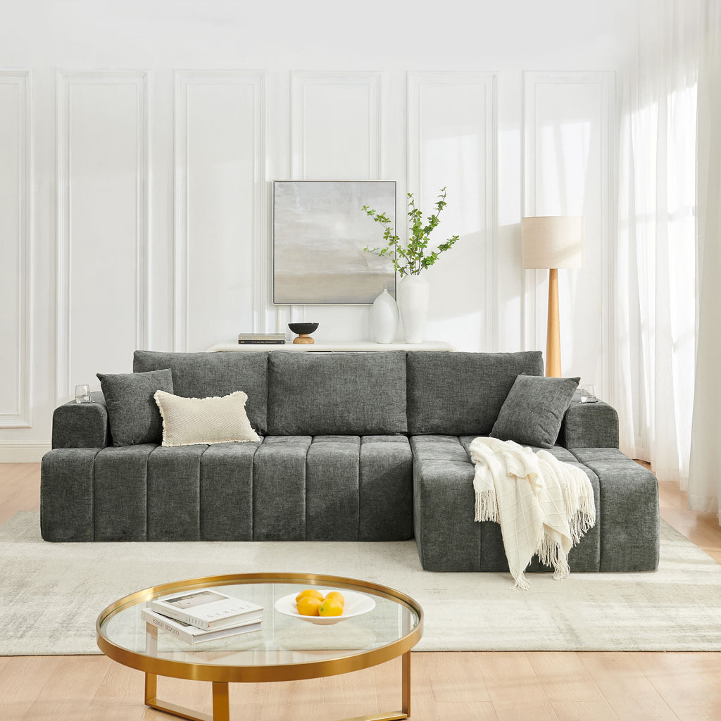 L - Shaped Sectional Sofa With Cup Holders & Side Pockets