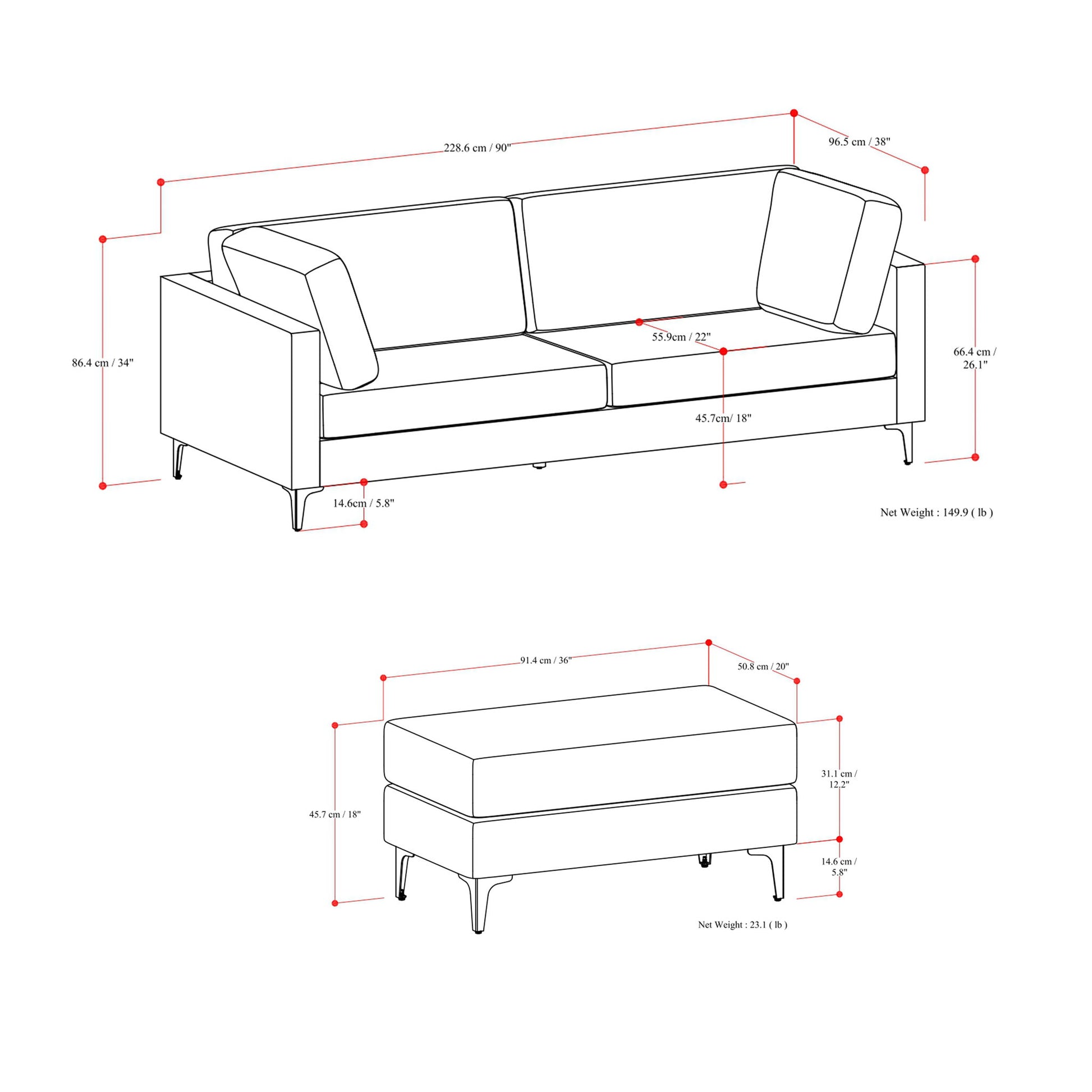 Ava - Mid Century Sofa With Ottoman Set