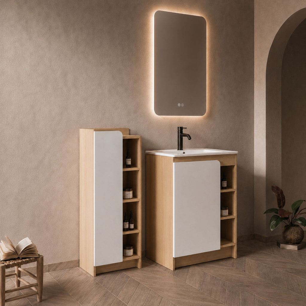 24" Bathroom Vanity With Sink & Tall Bathroom Cabinet, Vanity Set With Thin Edge Sink & Interchangeable Door Panels - Black / Light Oak / White