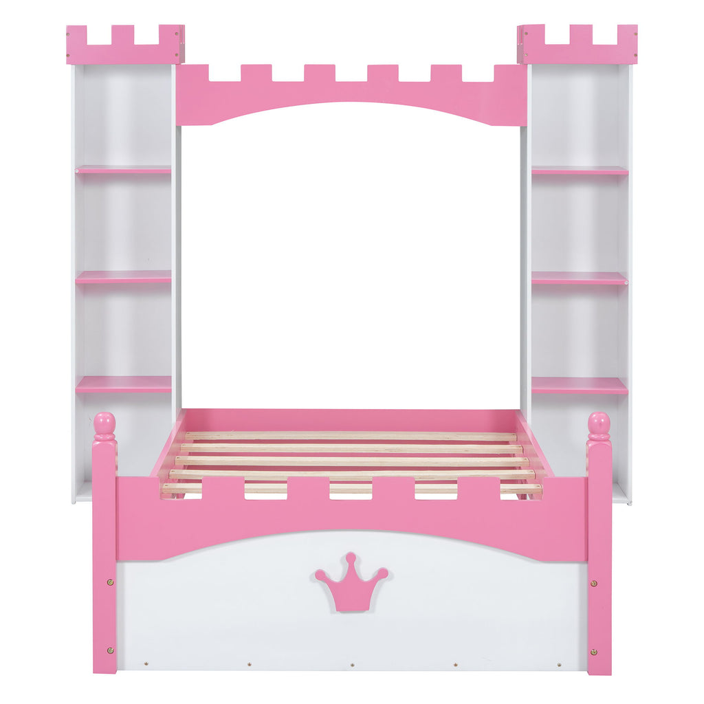 Castle Shaped Bed With Storage Shelf, Dreamy Platform Bed For Kids Bedroom