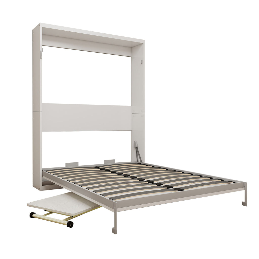 Queen Size Wall Mounted Murphy Bed With Manual Height Adjustable Desk, Cabinet & Frame & Computer Desk - White