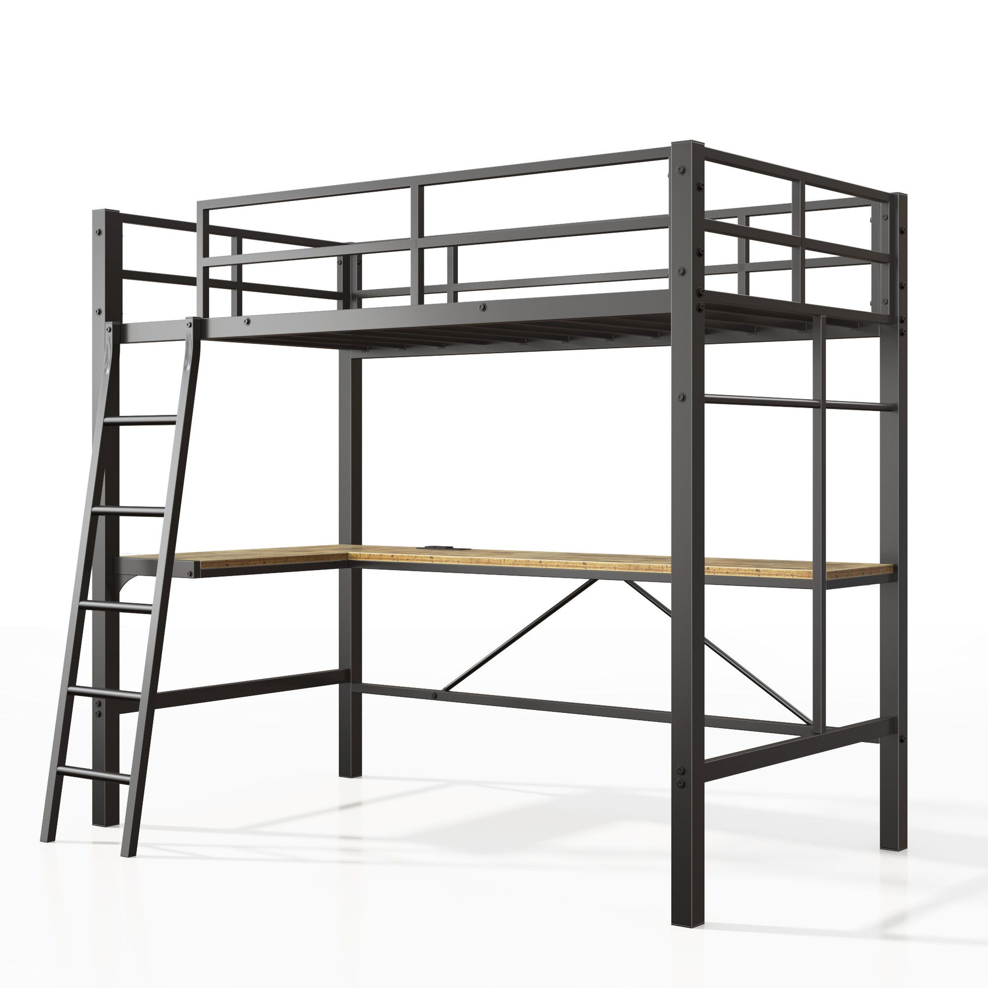 Twin Metal Loft Bed With L - Shaped Desk, Charging Station Loft Bed Frame Twin Size, Safety Guard & Ladder, No Box Spring Needed - Black