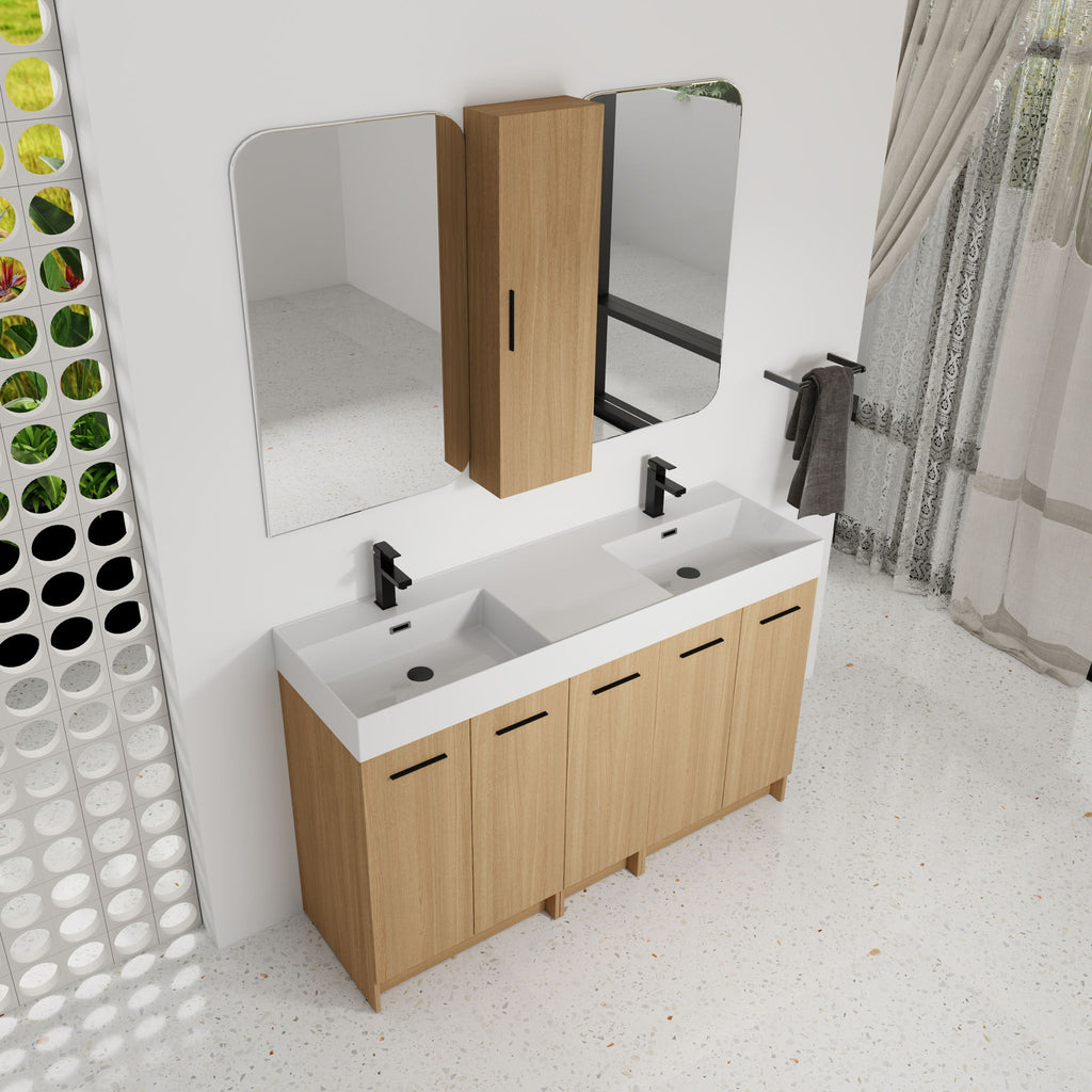 Double Sink Bathroom Vanity Set With Tall Linen Cabinet, Extra Large Storage, Integrated Sink, Freestanding Cabinet - Light Oak / White