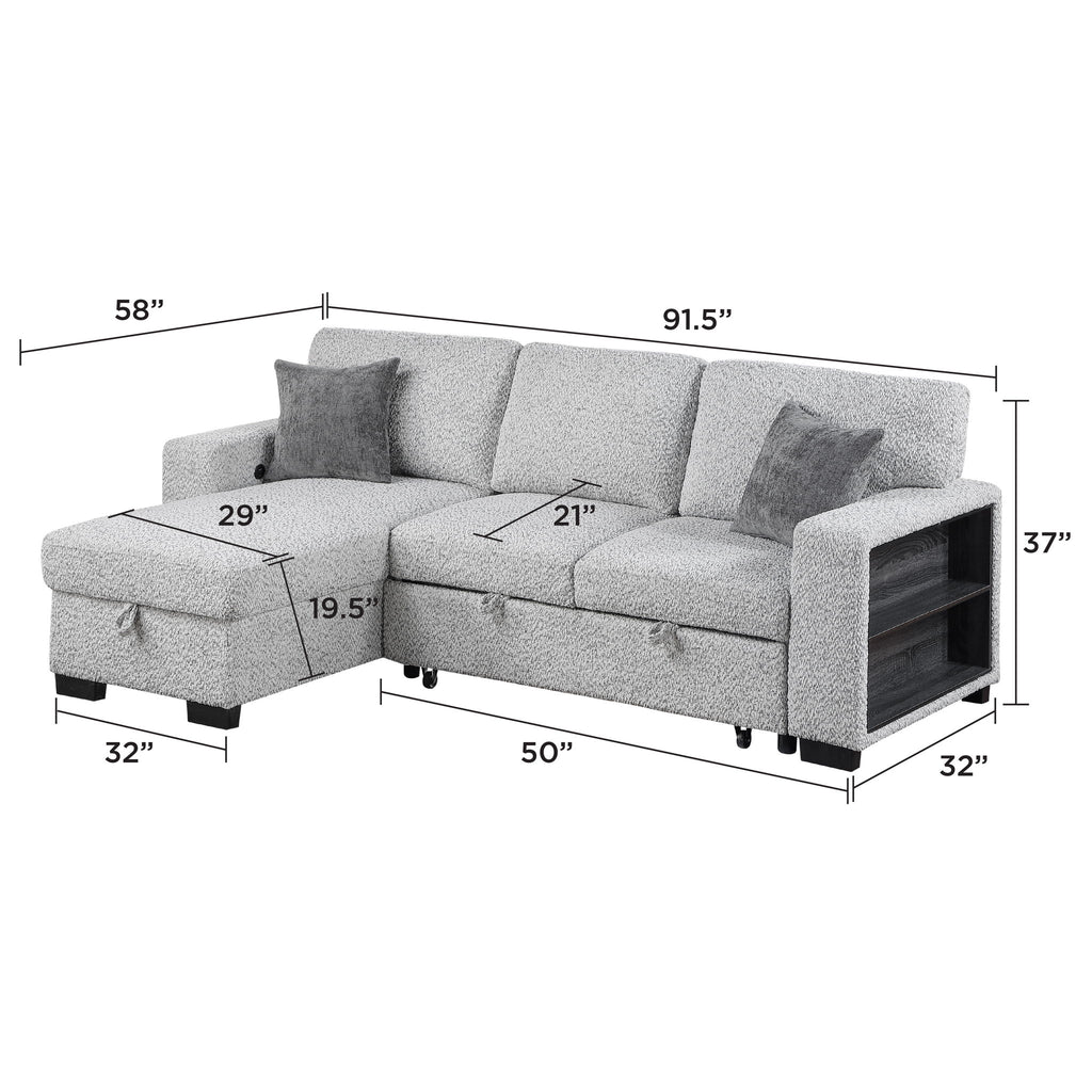 Buzz - Reversible Sleeper Sectional Sofa With Storage Chaise, Console Arm, USB Charging & Cup Holders - Gray