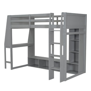 Gaming Loft Bed With Desk, Multi Storage Shelves, LED Lighting, And Hanging Clothes Rack