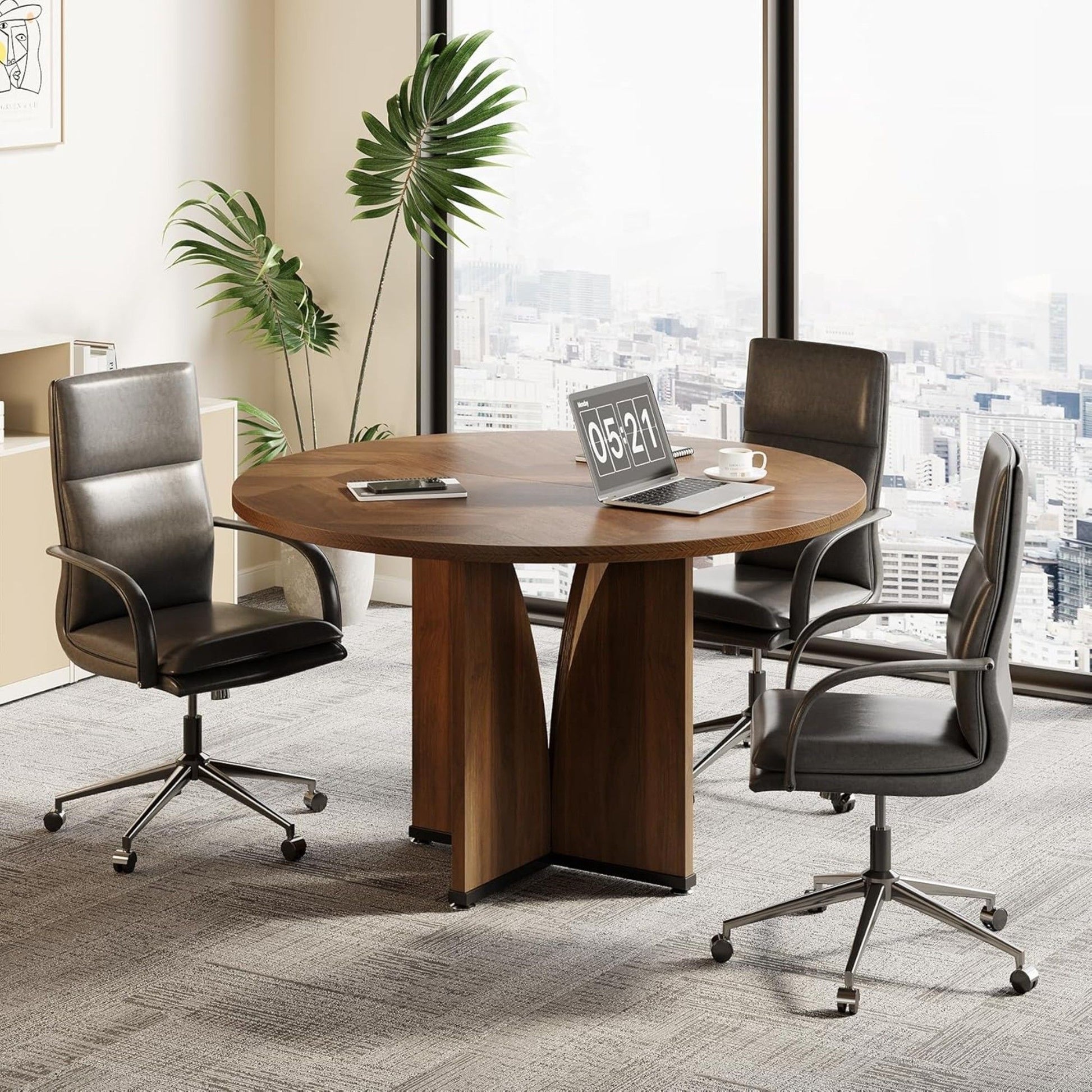 Round Conference Table With X Base - Dark Brown