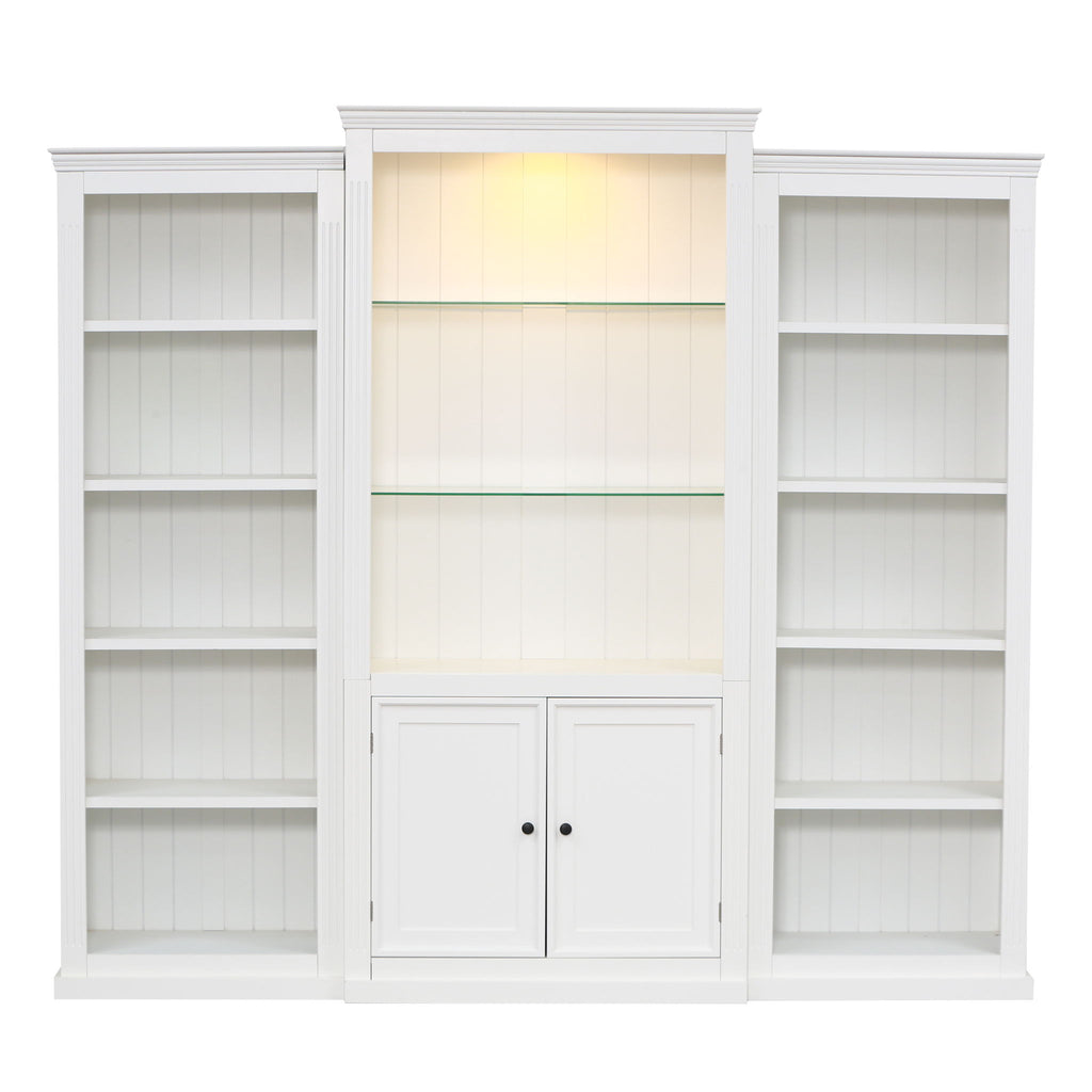 Retro Style 3 Piece Bookcase Display Cabinet With Adjustable LED Lighting, Tempered Glass Shelves - White