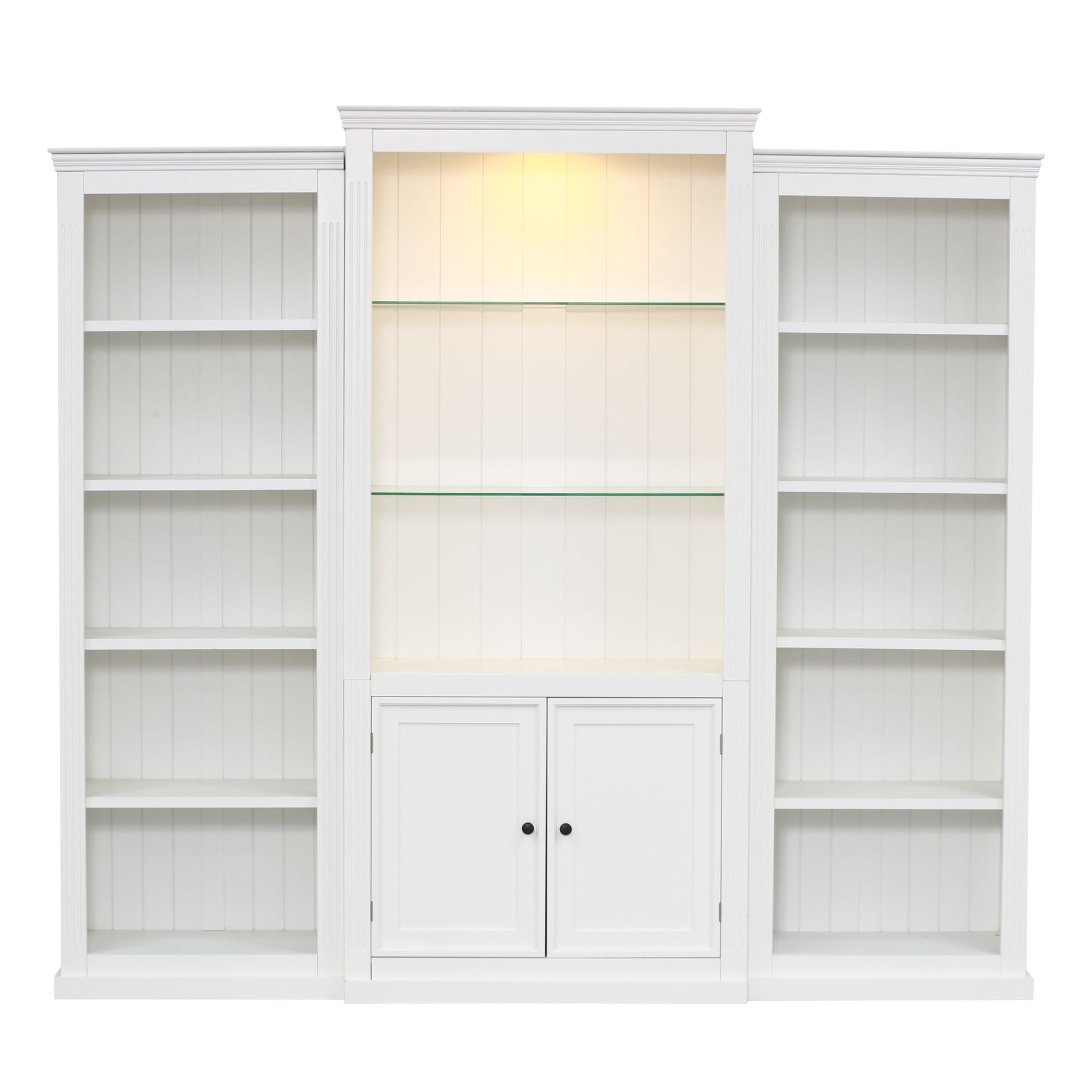 Retro Style 3 Piece Bookcase Display Cabinet With Adjustable LED Lighting, Tempered Glass Shelves - White