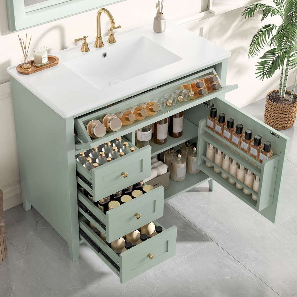 Bathroom Vanity With Sink, 3 Drawers & Cabinet With Adjustable Shelves