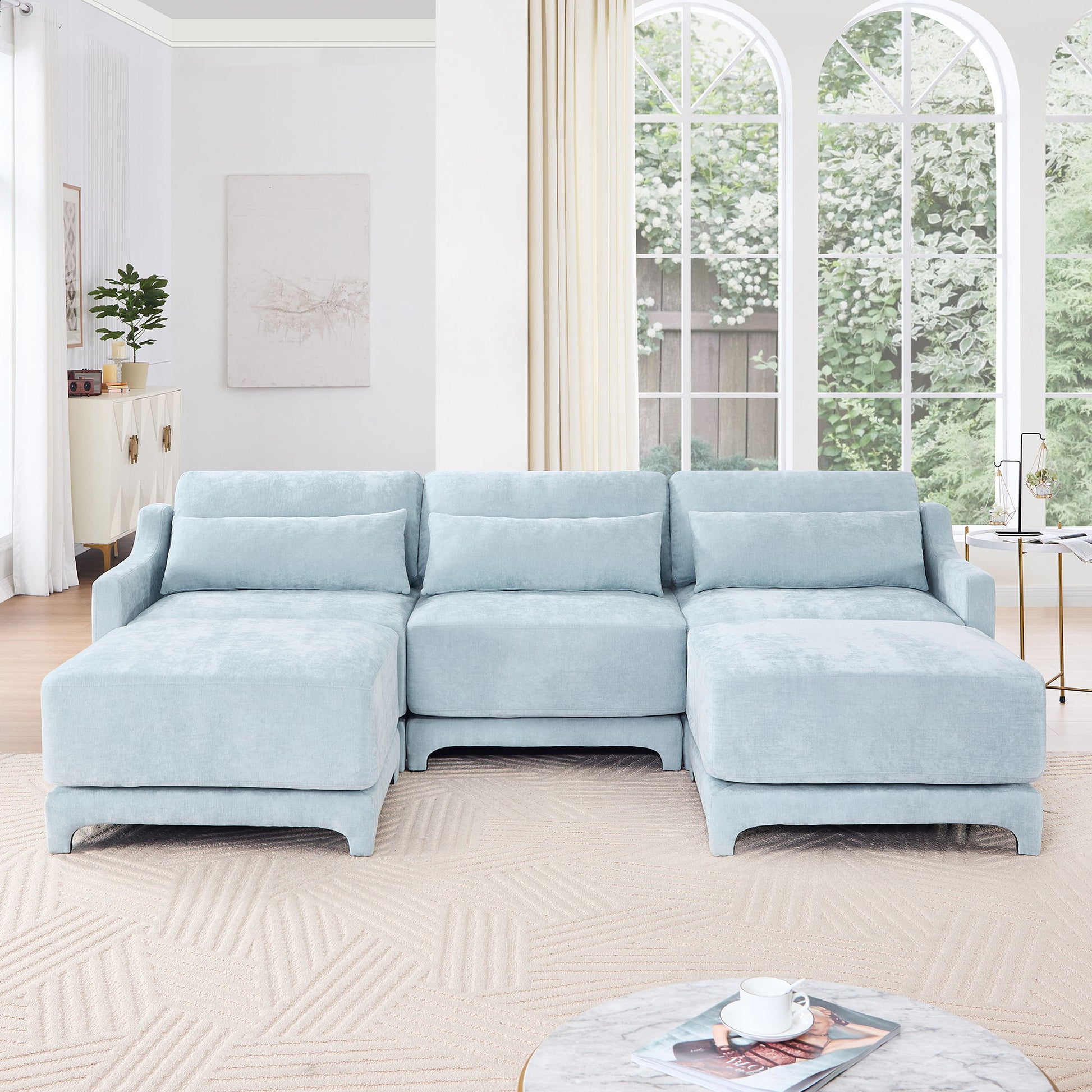 Stylish Sofa With Ottoman And Lumbar Pillows, Ergonomic Design