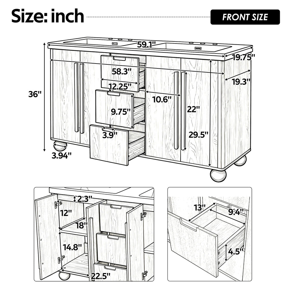 Double Sink Bathroom Vanity With Sinks, Soft Close Doors & 3 Drawers - Wood