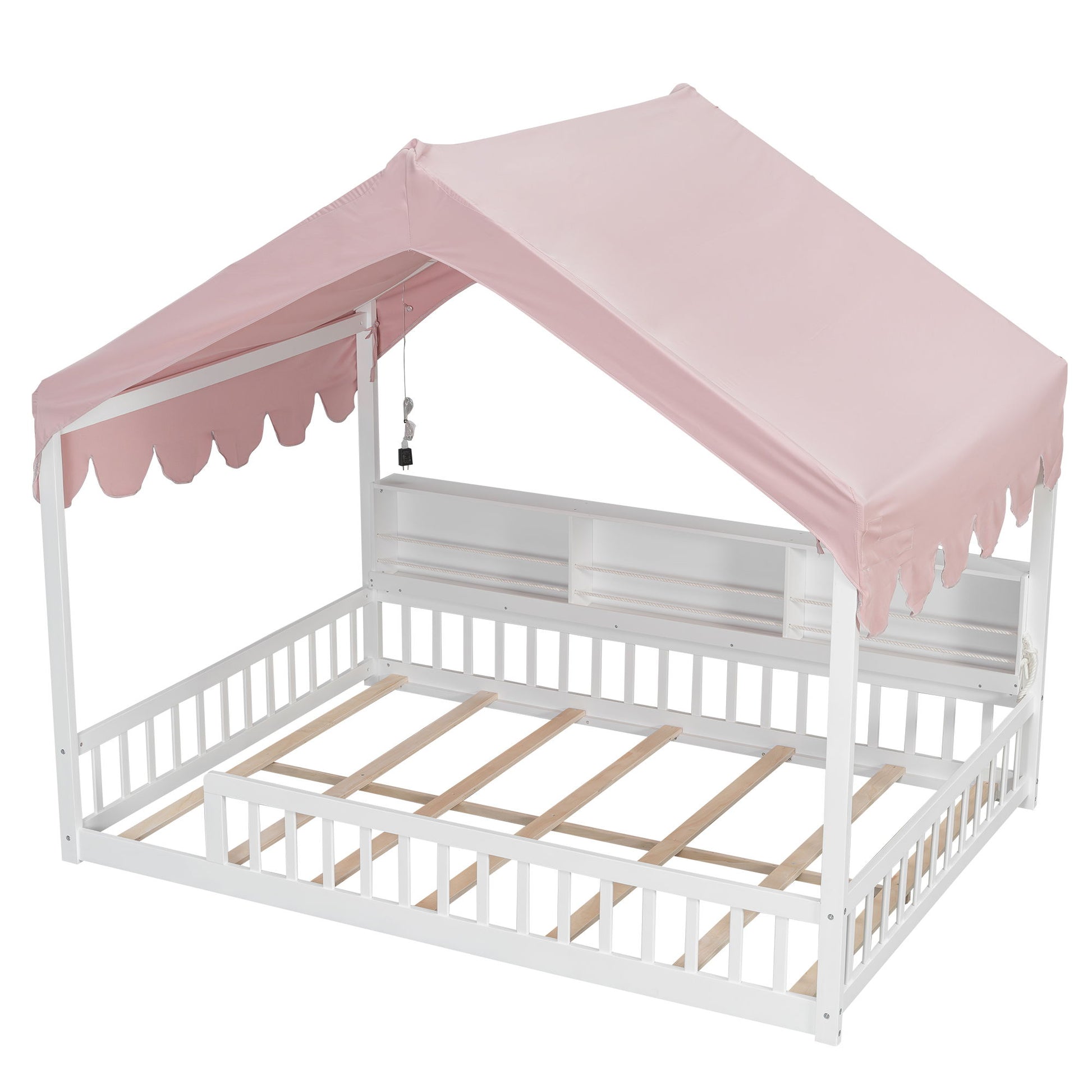 House Shaped Floor Bed With Fense, 3 Storage Bookshelves, Curtain And LED Light