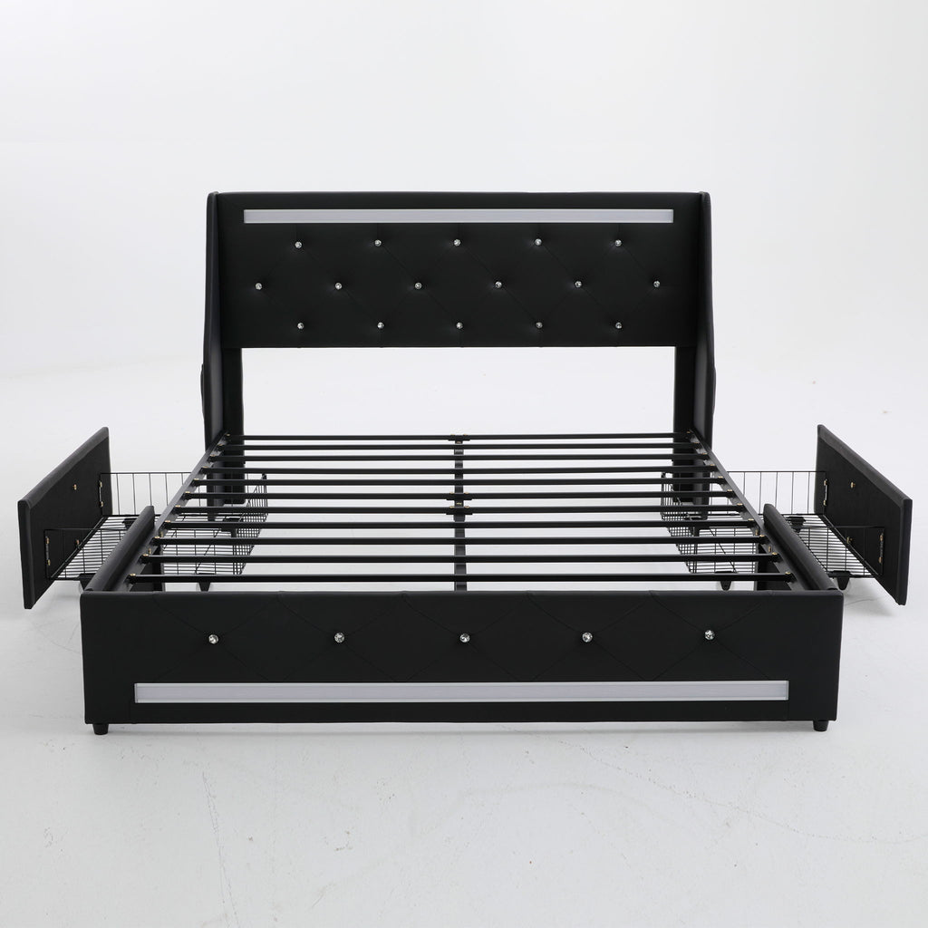 Wingback Upholstered Bed Frame With LED Lights, Charging Station