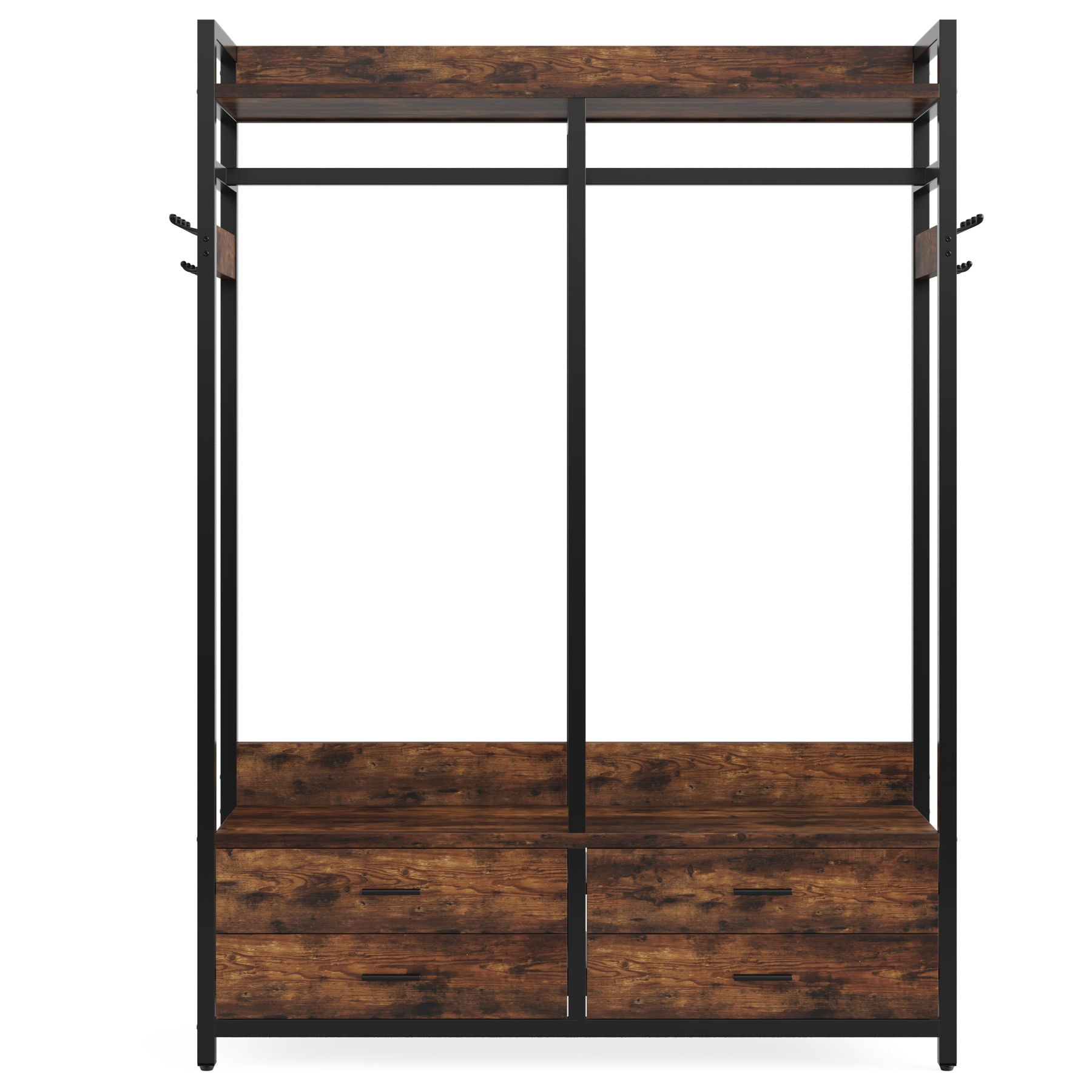 Freestanding Closet Organizer With 4 Drawers, 8 Hooks, Shelves, And Hanging Rod - Brown / Black