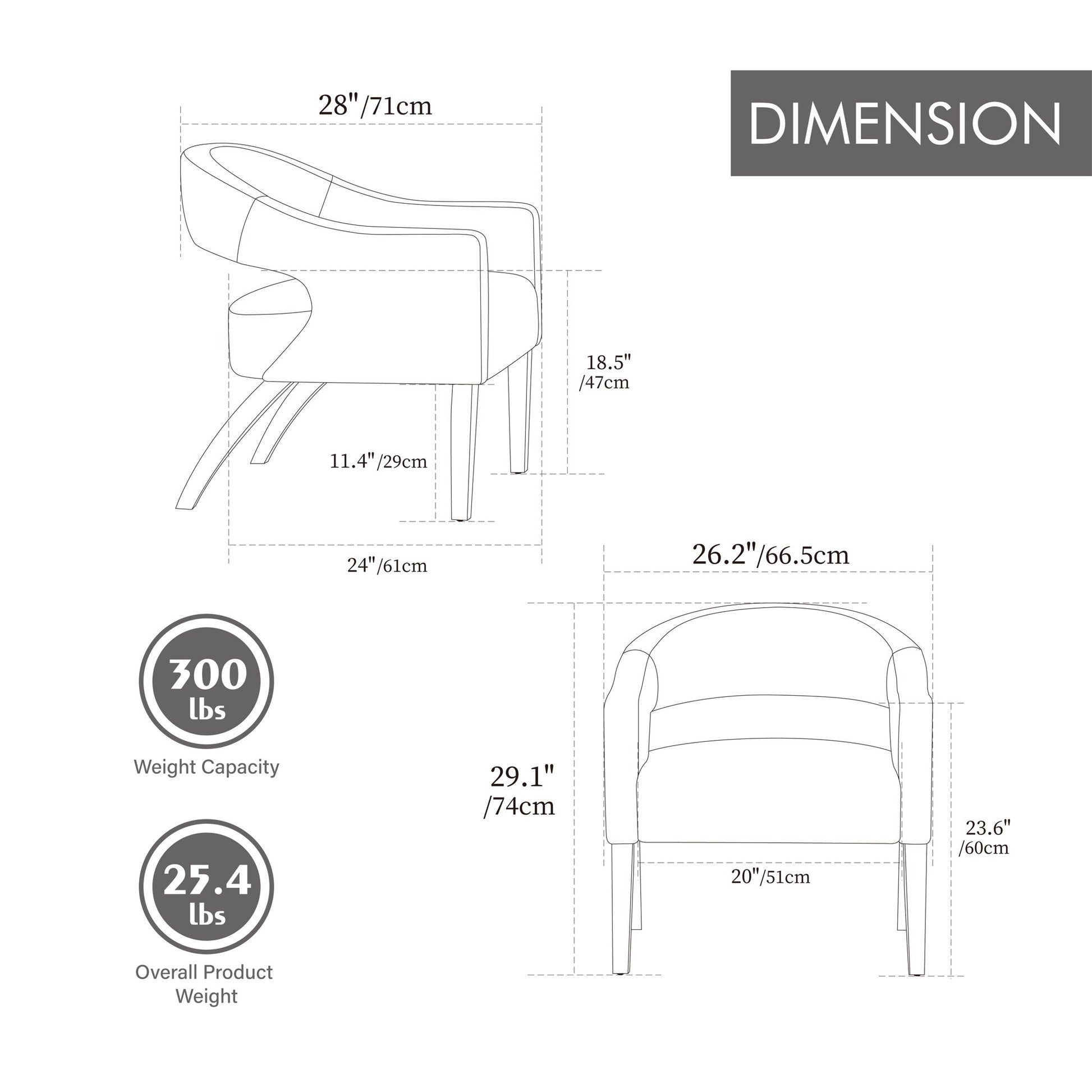 Upholstered Open Back Armchair With Weathered Rubberwood Legs