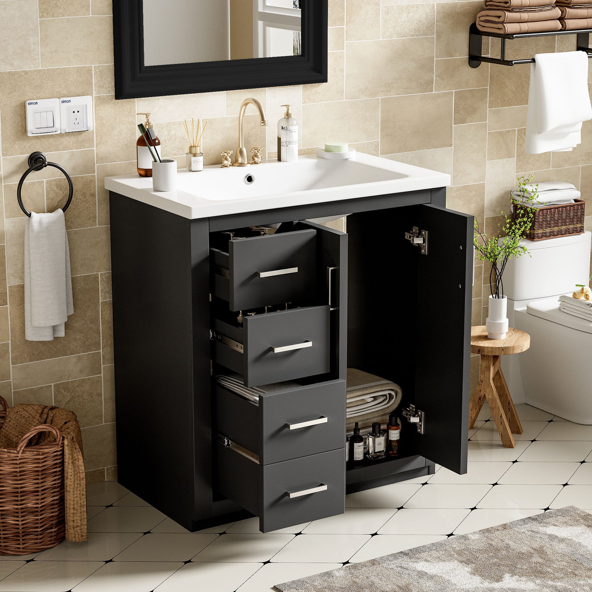 Ceramic Sink Combo, Freestanding Vanity Set With 3 Drawers & Soft Closing Doors