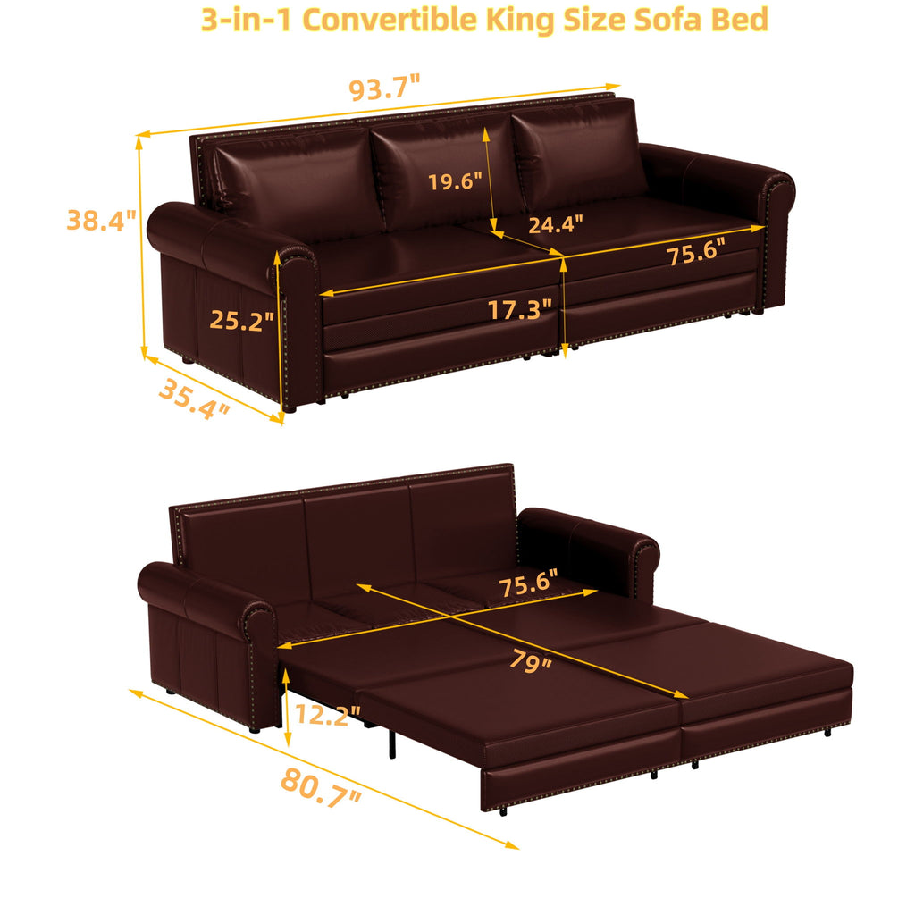 3 In 1 Convertible Sleeper Sofa With Nailhead Trim & Rolled Arm