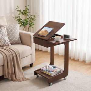 C - Shaped End Table, Rolling With 360° Adjustable & Foldable Desktop, Couch Table With Laptop Stand For Living Room - Walnut