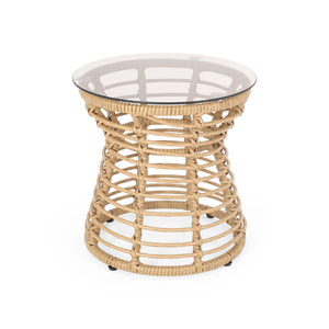 San Pedro - Boho Style Side Table With Tempered Glass Top - Light Brown Rattan
