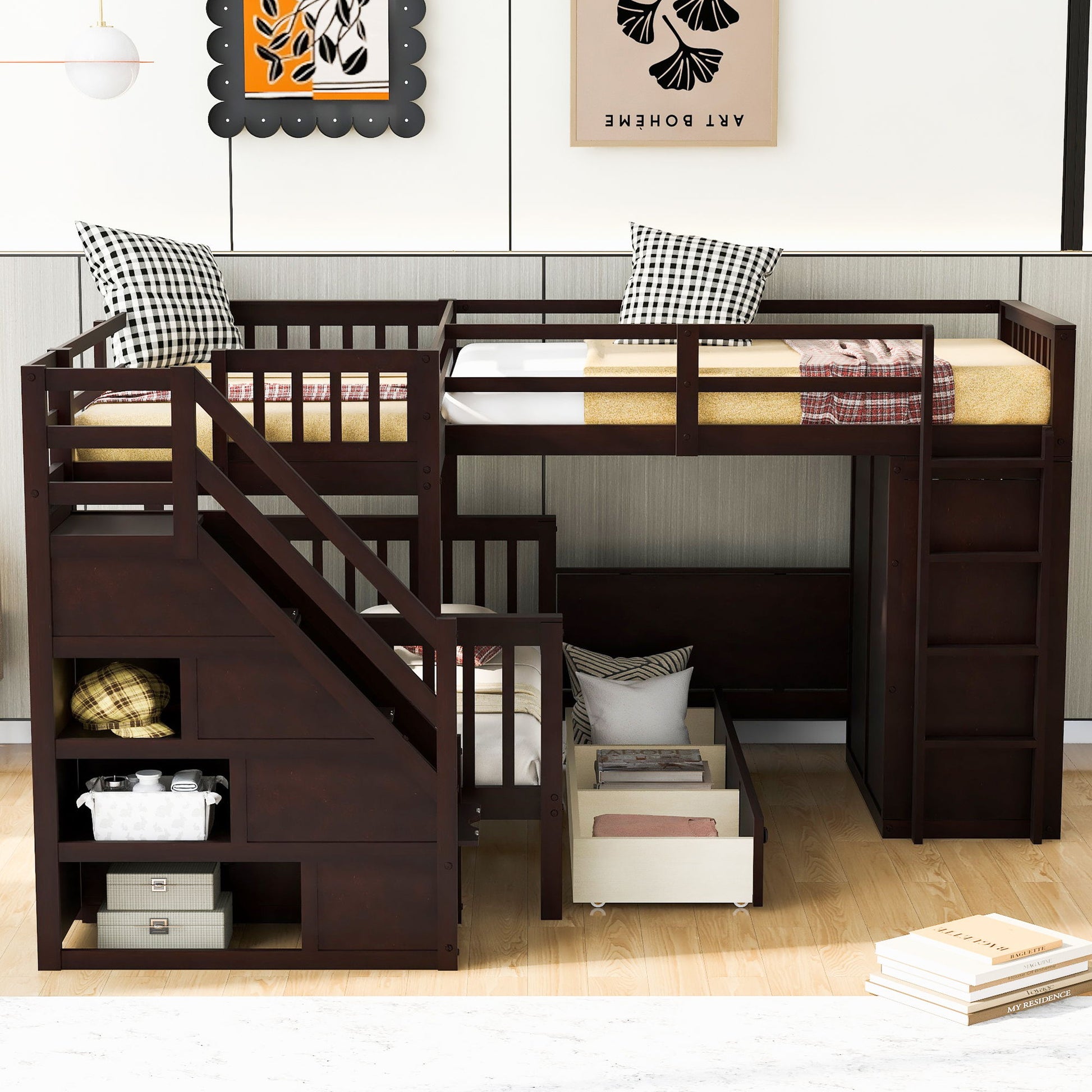 L Shaped Bunk Bed With 3 Drawers, Portable Desk And Wardrobe