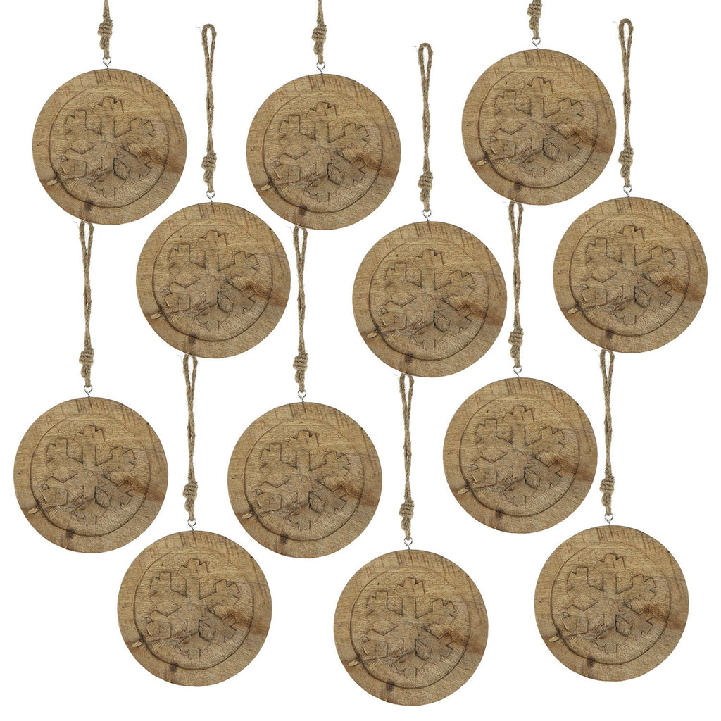 Wooden Hanging Circle With Snowflake Cut Decorative Hanging Christmas Tree Ornaments For Holiday Party Decorations (Set of 12) - Multi