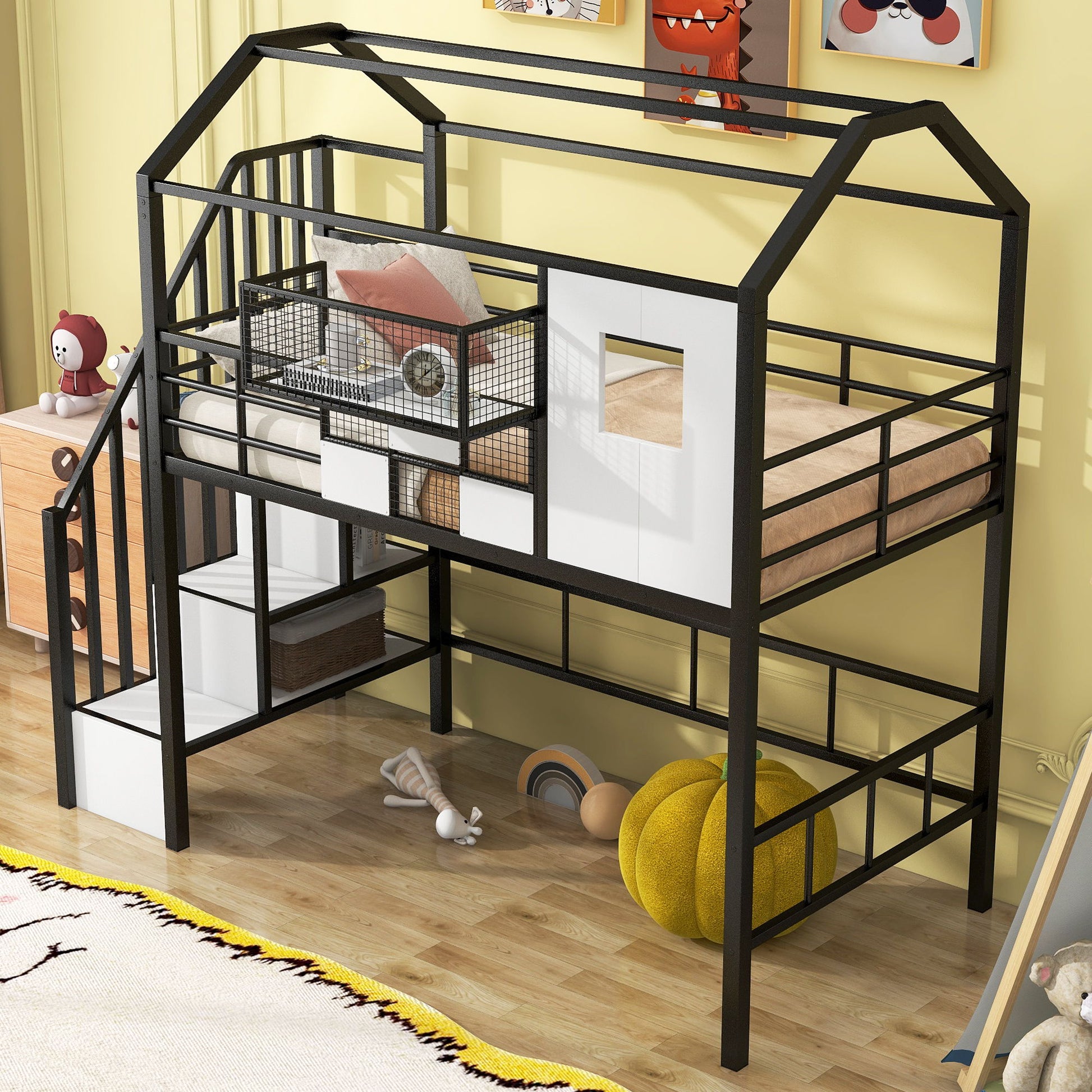 Metal Loft Bed With Roof Design And Storage Box With Guardrails And Integrated Ladder