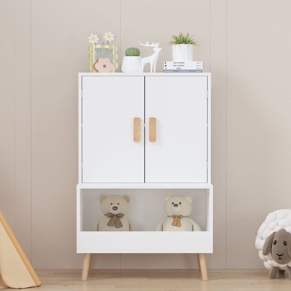 Toy Storage Cabinet With Doors And Open Shelf, Toddler Bookshelf For Playroom - White