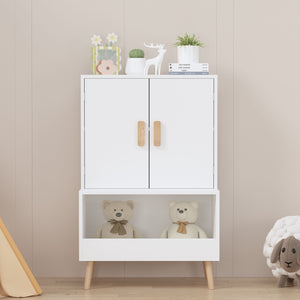 Toy Storage Cabinet With Doors And Open Shelf, Toddler Bookshelf For Playroom - White
