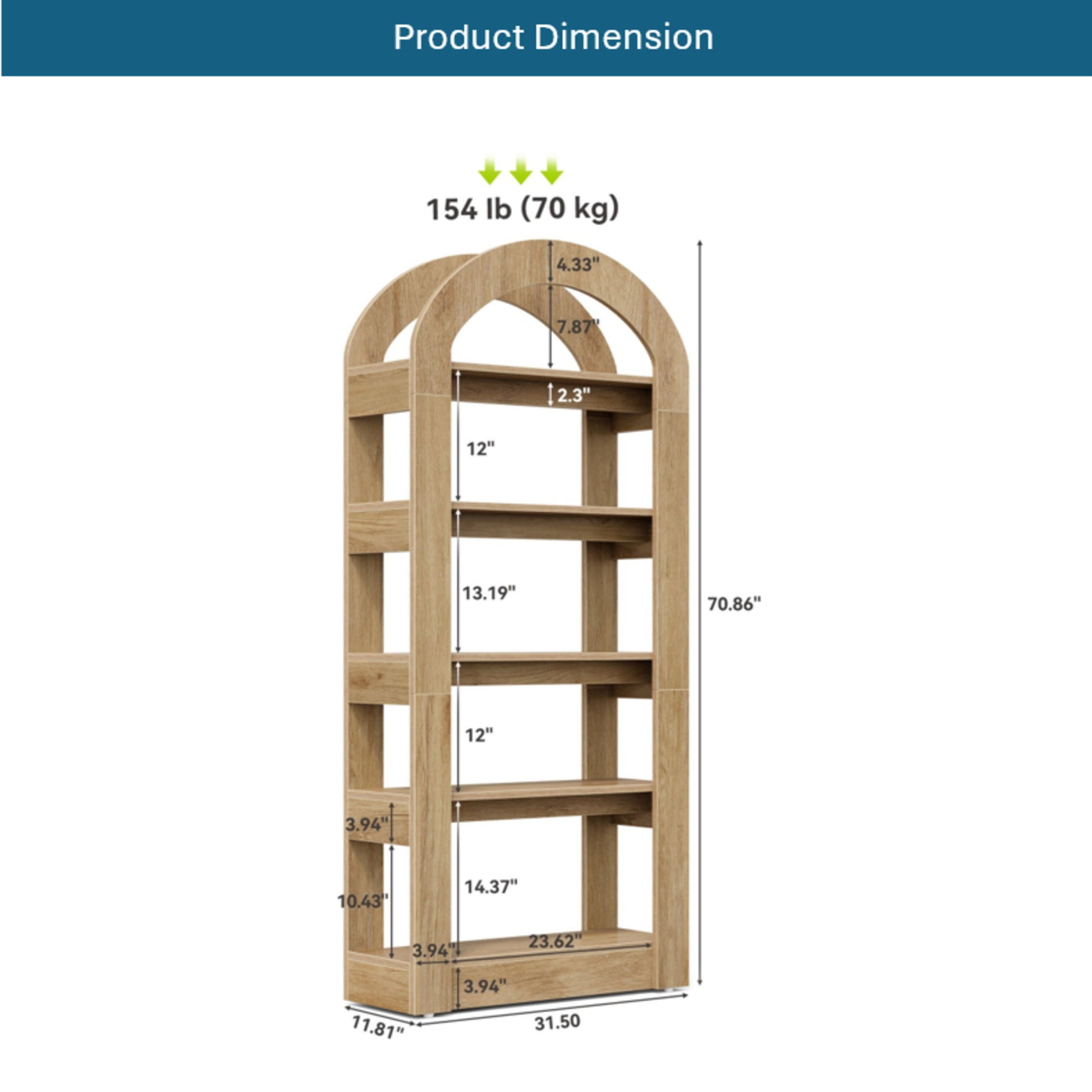 Arched 5 Tier Bookshelf, Deep Storage - Teak