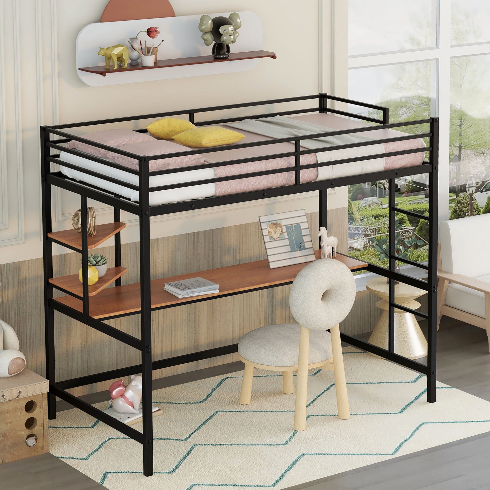 Twin Loft Bed With Desk And Shelve - Black