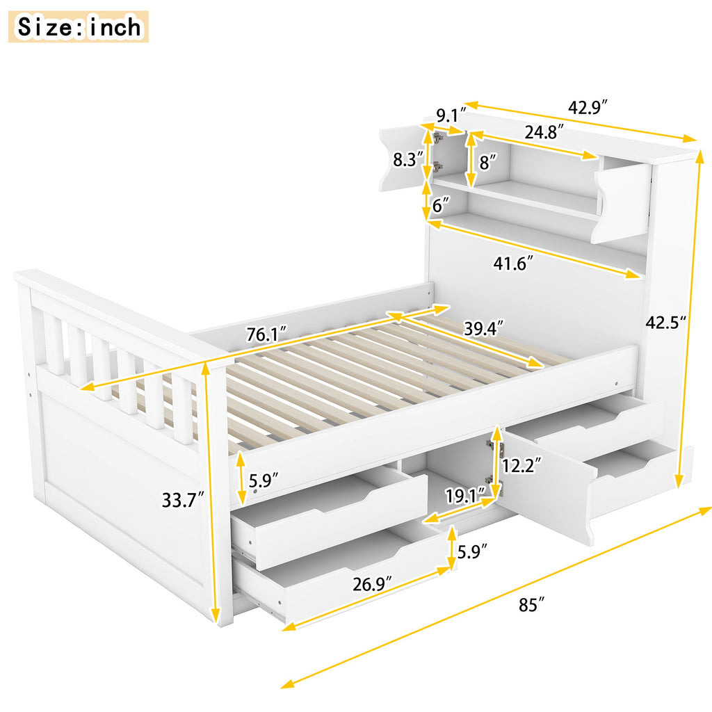 Captain Platform Bed Frame With Storage Bookcases, Shelves, And 4 Drawers