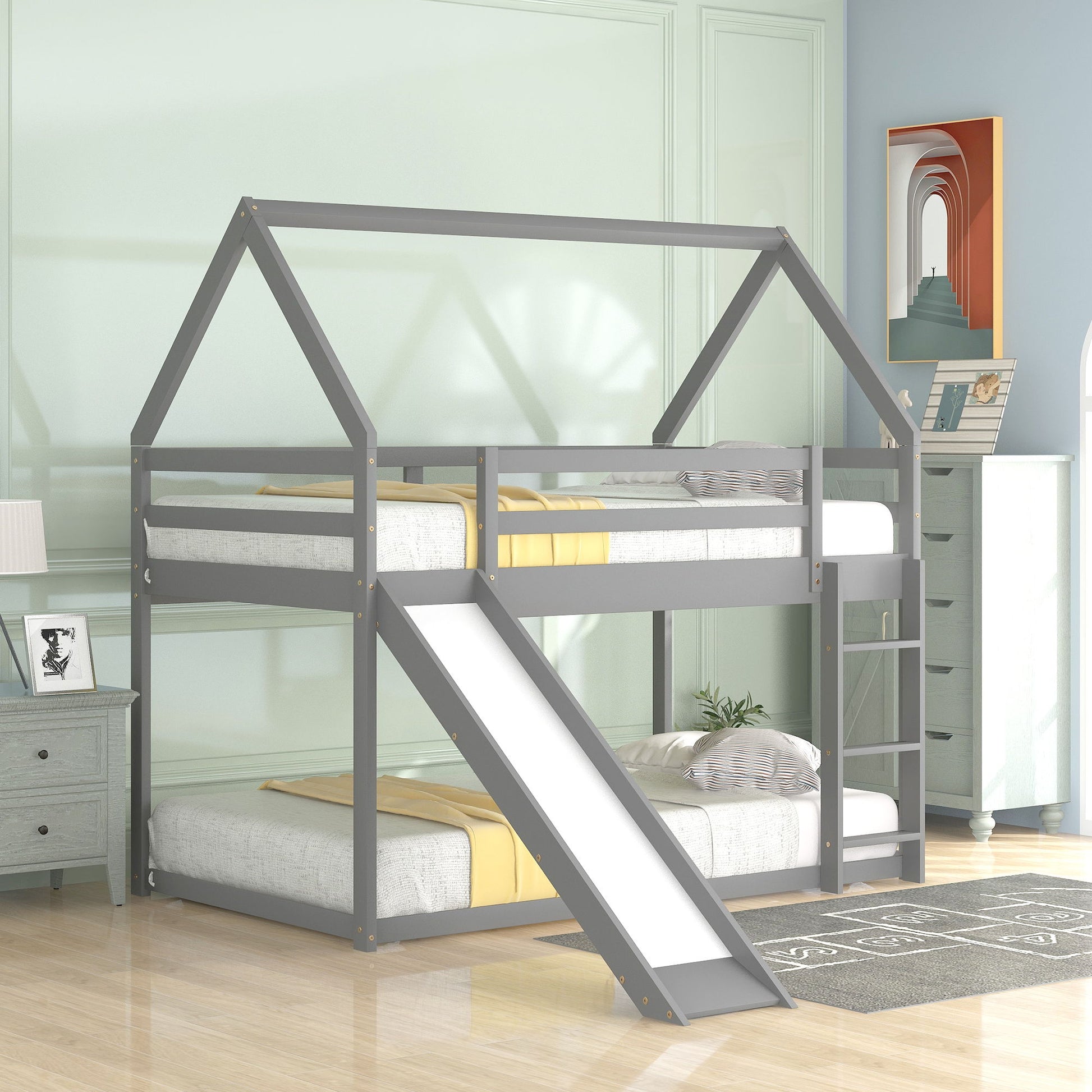 House Shape Bunk Bed With Slide And Ladder