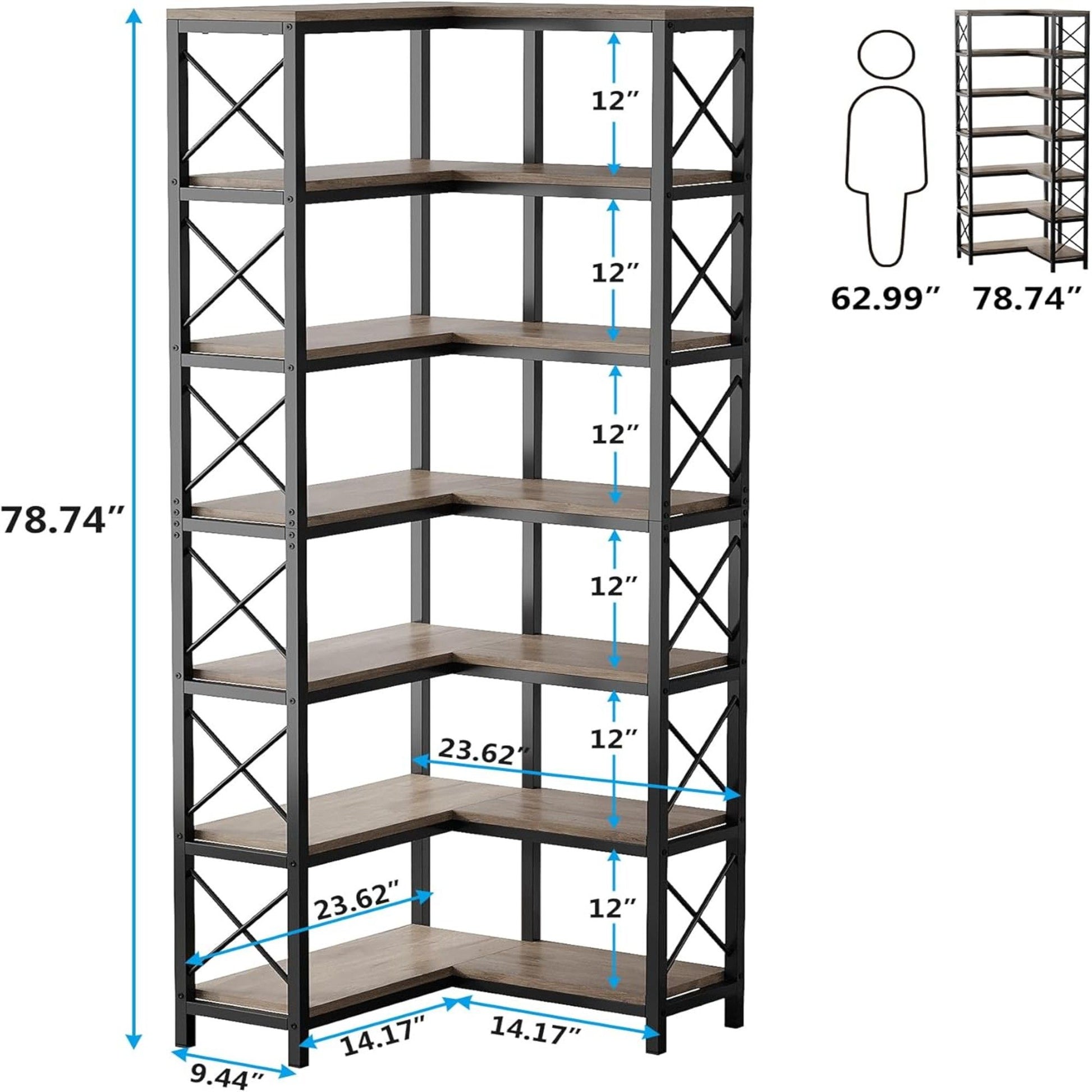 7 Tier Corner Bookshelf, Storage Unit For Living Room