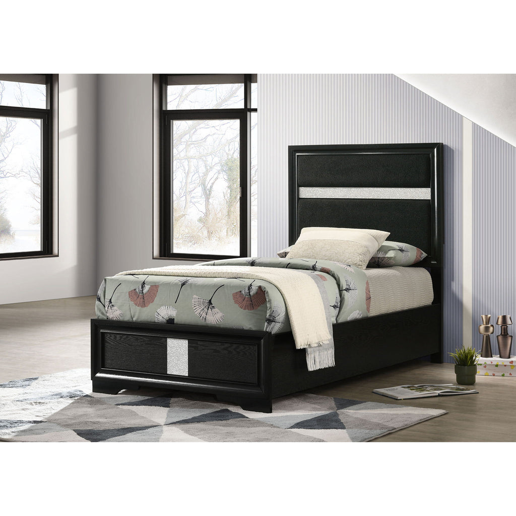 Panel Bed With Padded Headboard And Glittering Accent Stripes