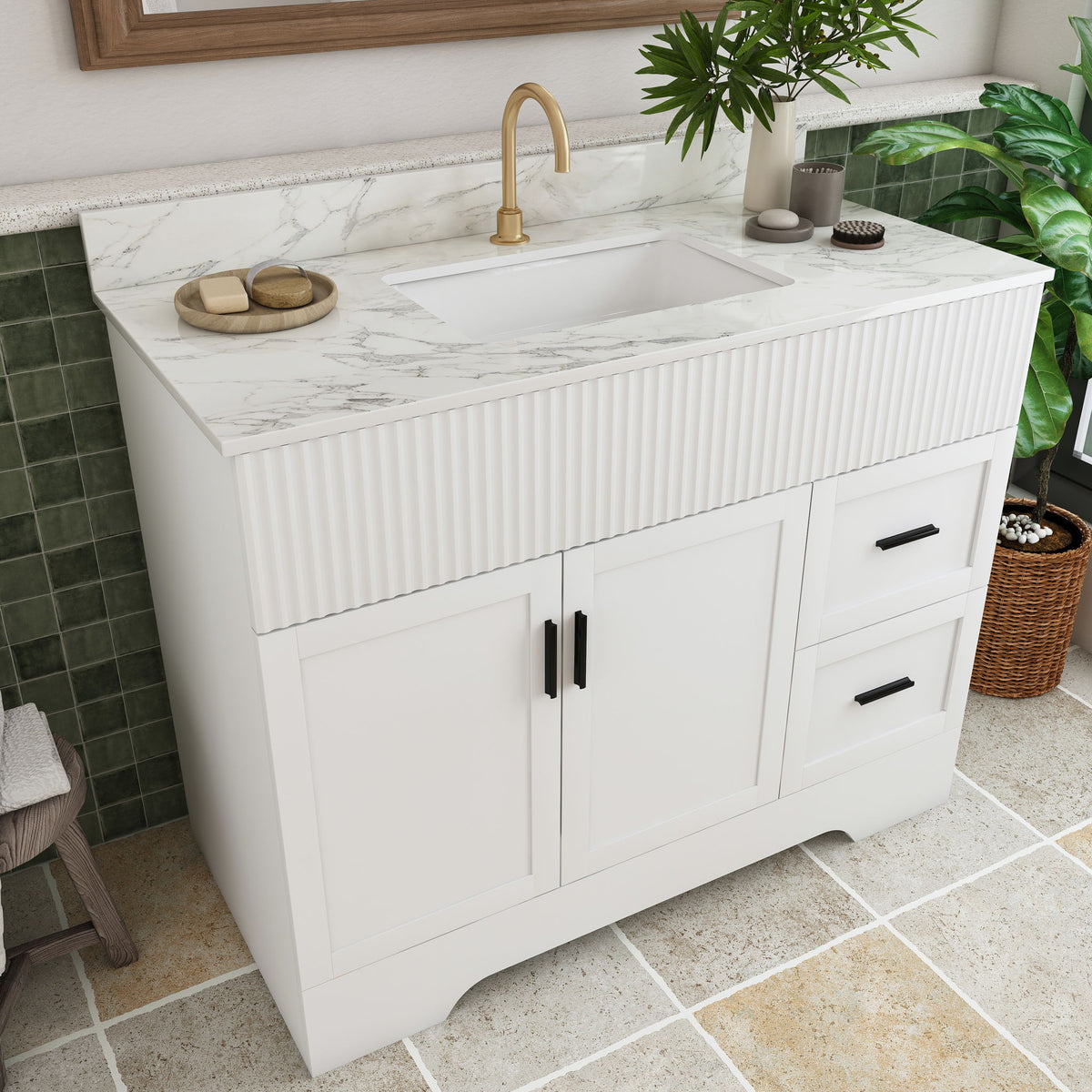 Bathroom Vanity Set, Fluted Cabinet, Soft Close Doors & Drawers, Single Faucet Hole, Sink Included - White