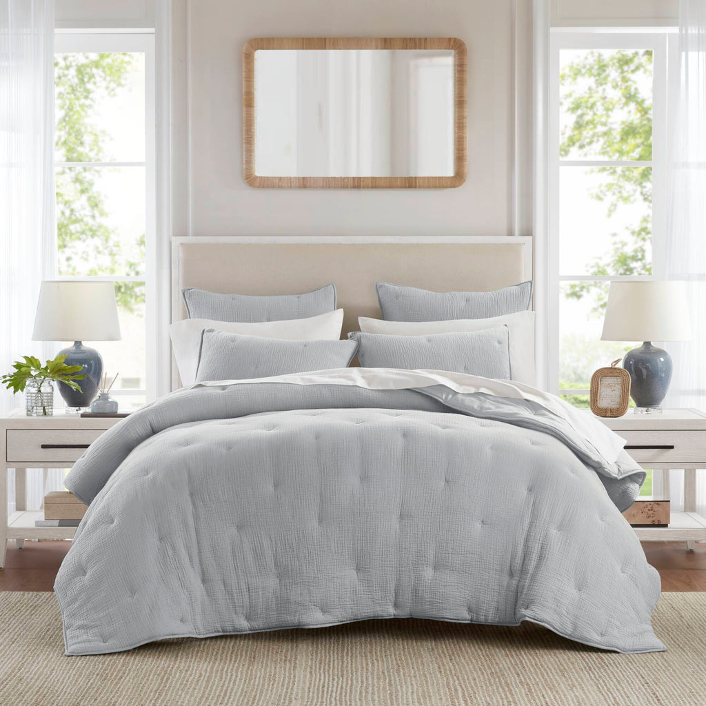 Breeze - Full/Queen Cotton Gauze Embroidered Quilt Set - Blue