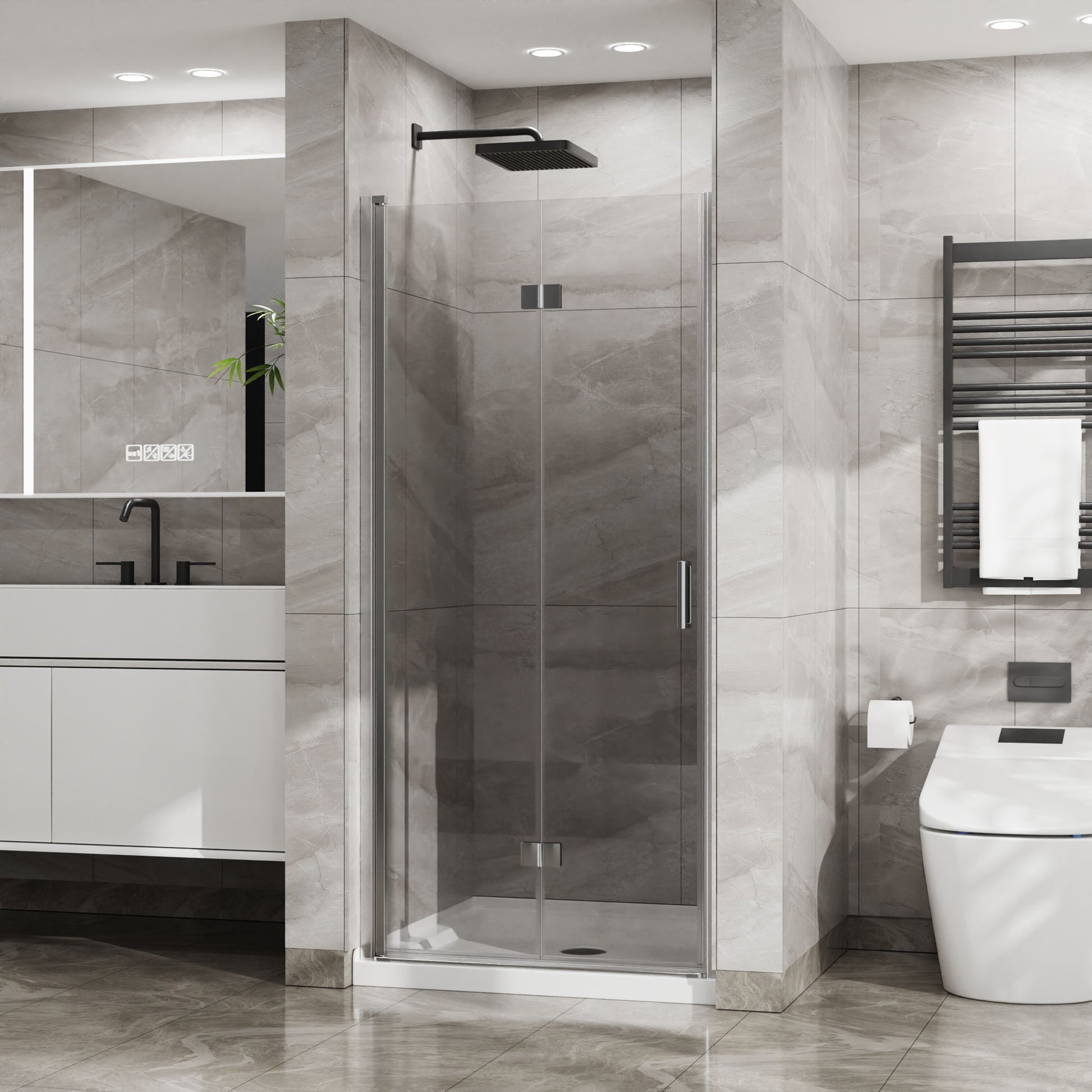 Bifold Frameless Glass Shower Door With Pivot Swing Panel, Tempered Clear Glass