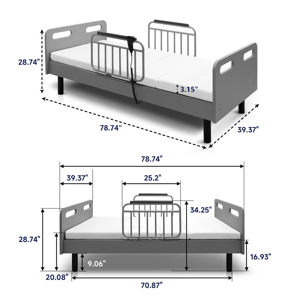Electric Adjustable Hospital Bed For Home Use With Wired Remote Control, Memory Foam Mattress - Gray / White