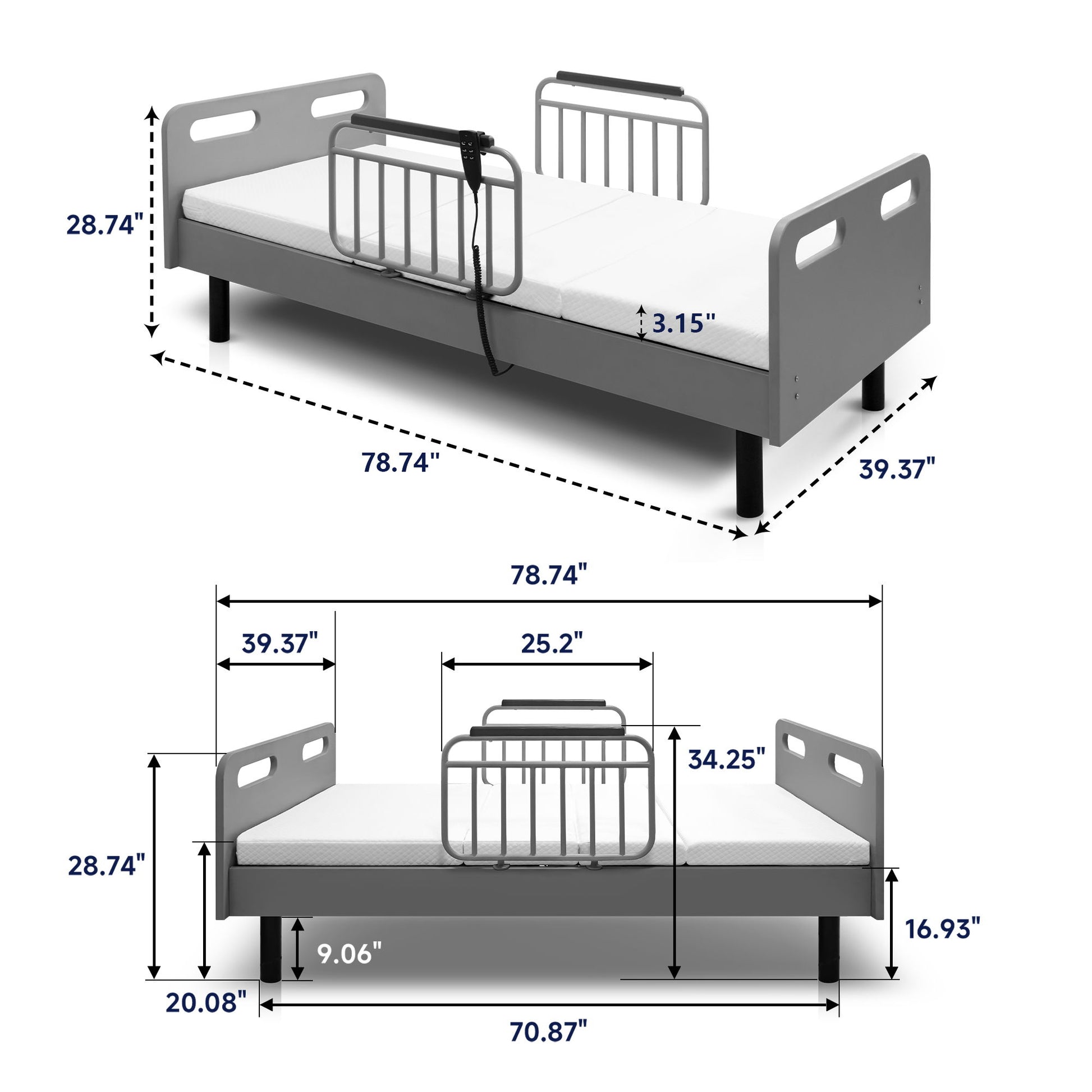 Electric Adjustable Hospital Bed For Home Use With Wired Remote Control, Memory Foam Mattress - Gray / White