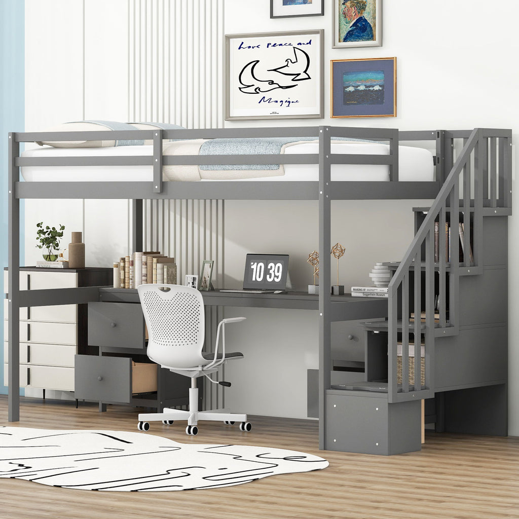 Loft Bed Frame With Built In Desk And Double Storage Drawers