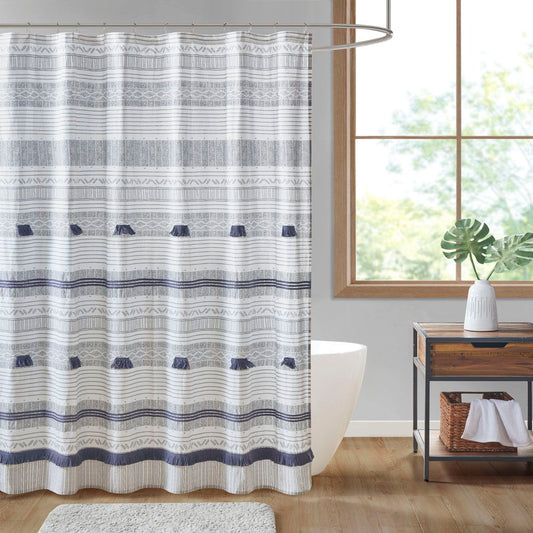 Cody - Cotton Stripe Printed Shower Curtain With Tassel - Gray/Navy