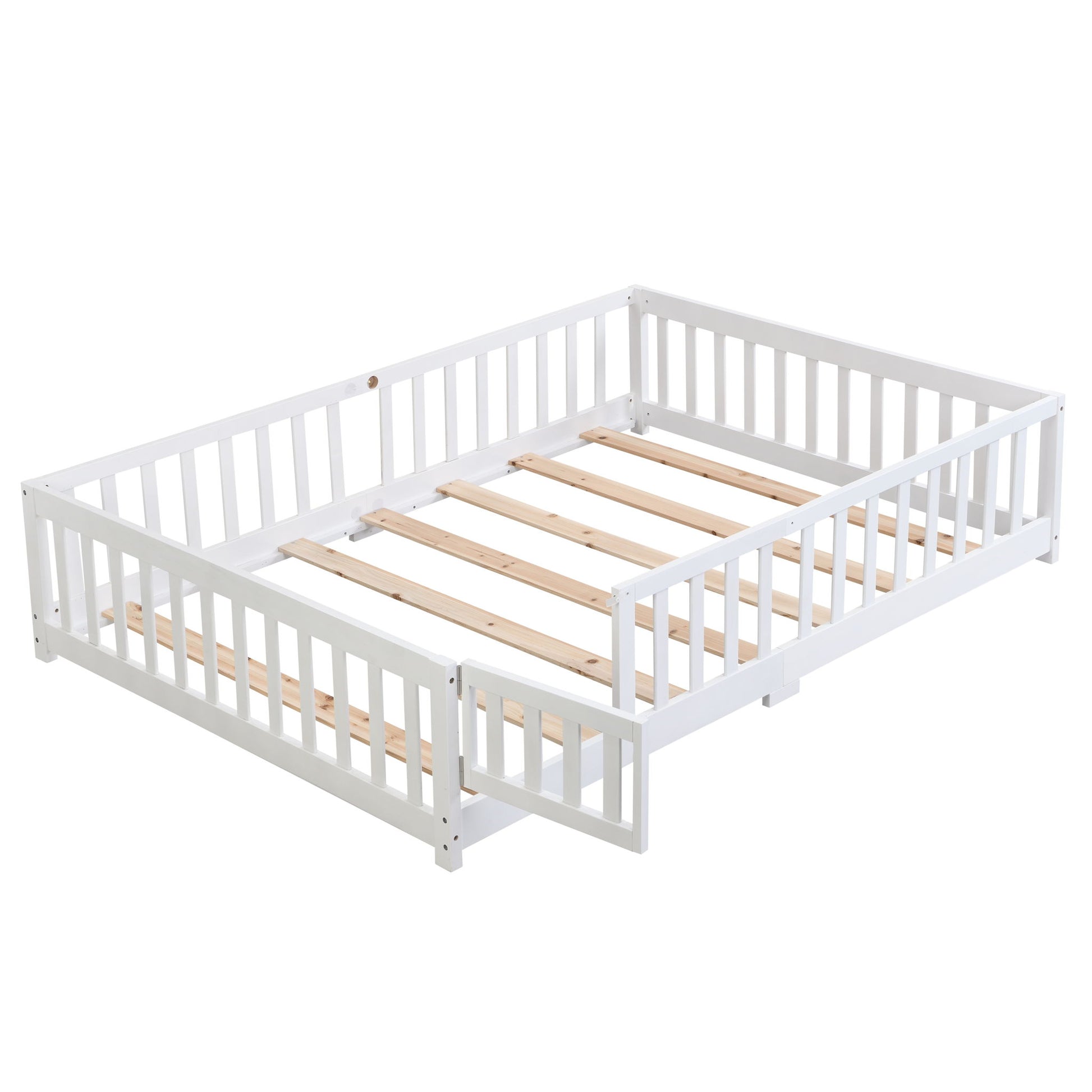 Solid Wood Floor Bed With Door And Fence For Children