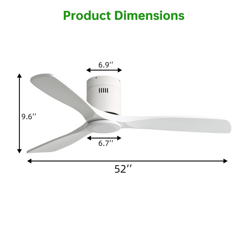 52" Flush Mount Ceiling Fan & Remote, No Light, 3 Blades, 6 Speed DC Motor For Indoor Patio - White