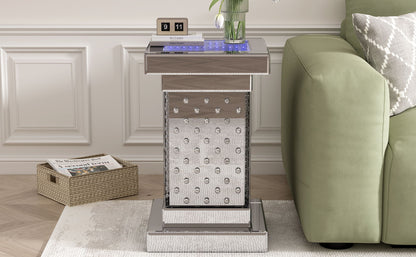 Square Mirrored End Table With Led Lights, Modern Side Table With Crystal Inlay For Living Room