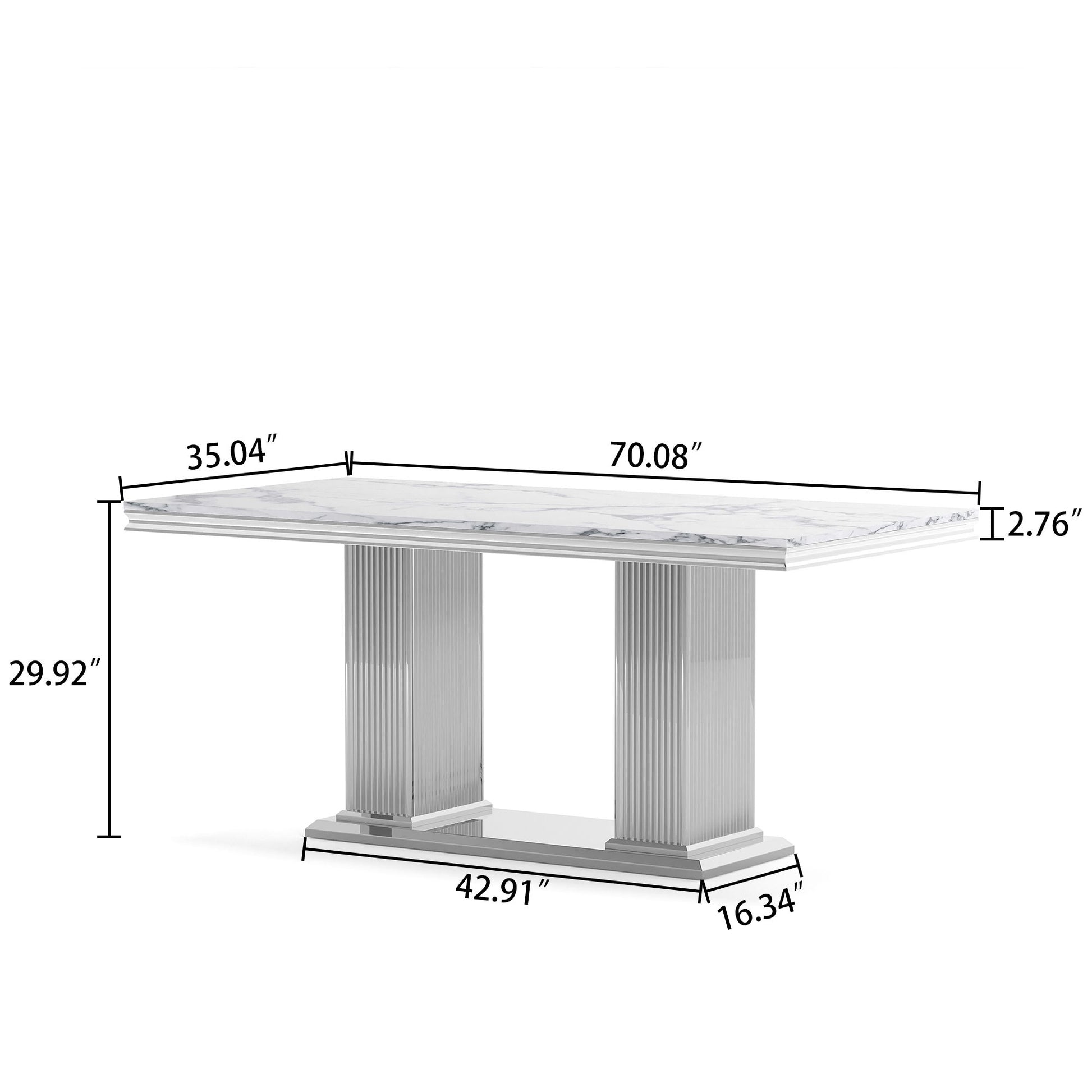 Marble Printed Top Rectangular Dining Table, Stainless Steel Base With Mirrored Finish