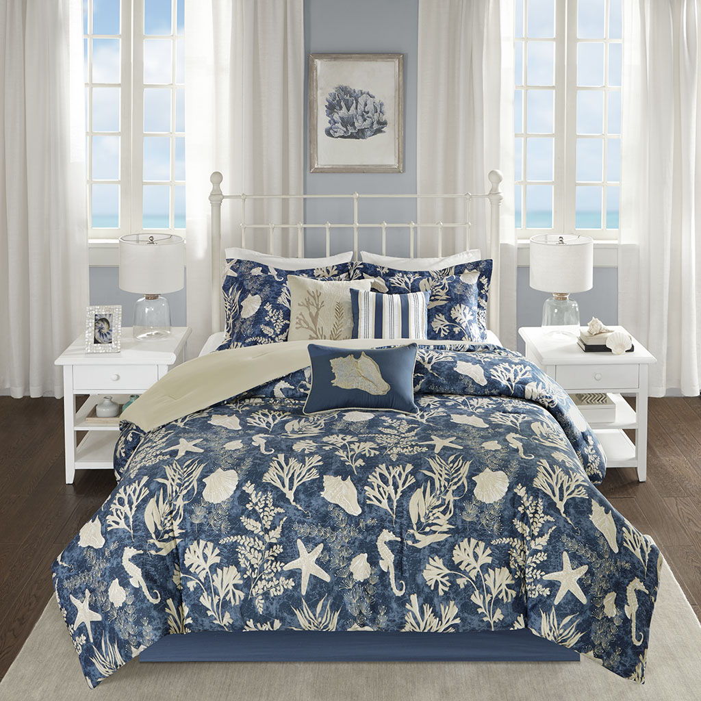 Cape Cod - King 7 Piece Sateen Comforter Set - Blue