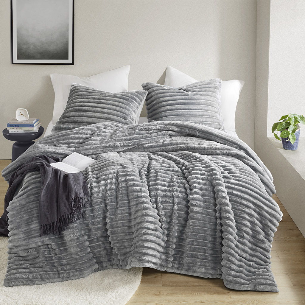 Avril - Twin/Twin Long Fluffy Ribbed Plush Comforter Set - Gray