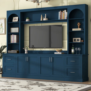 Arched Entertainment Center Wall Unit With Drawers With Adjustable Shelves For Living Room - Blue