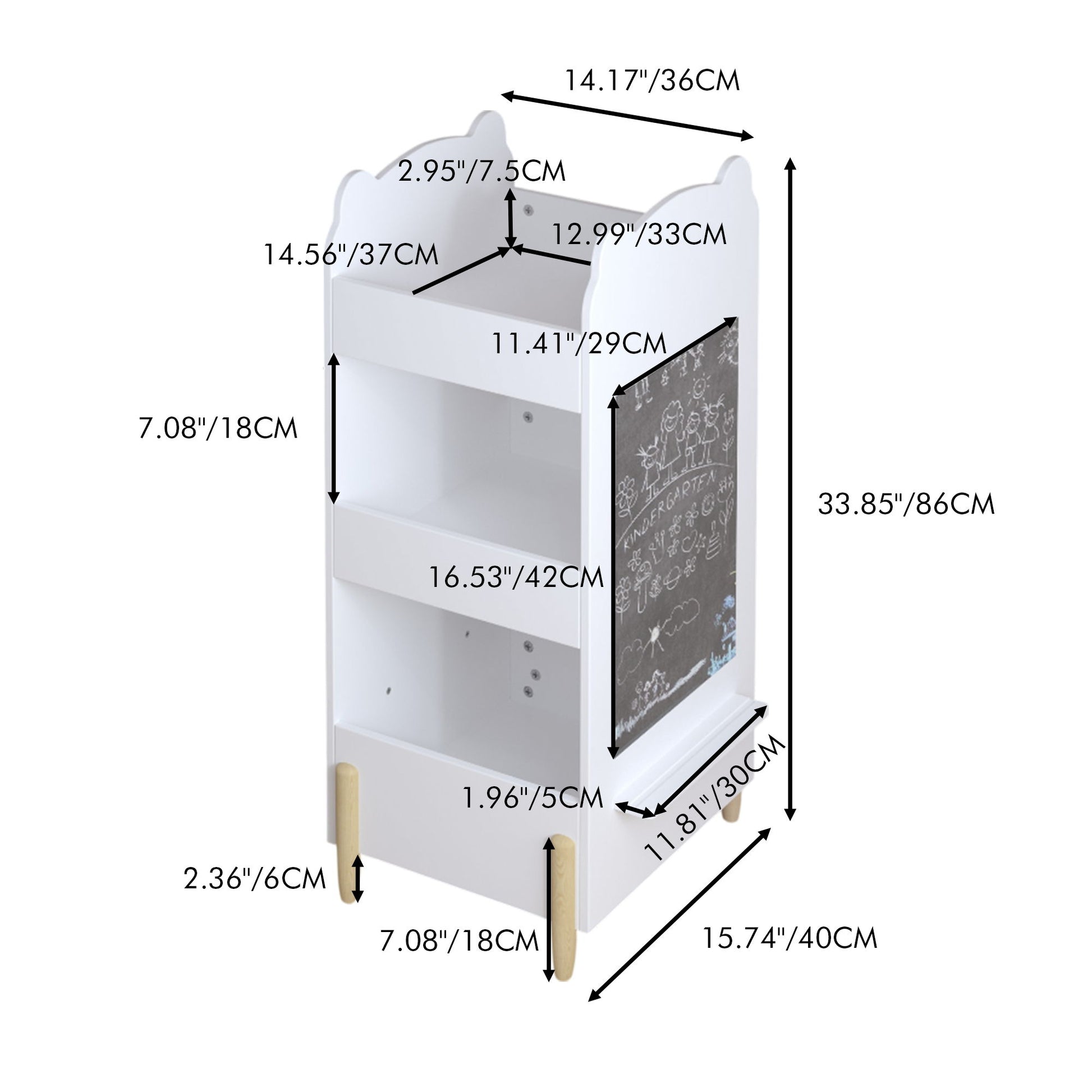 Bear Shaped Bookshelf With Chalkboard Side, 3 Tier Storage Organizer For Playroom - White