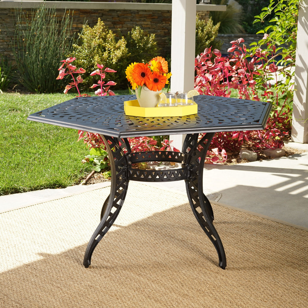 Outdoor Cast Aluminum Dining Table With Lattice Top And Umbrella Hole - Black